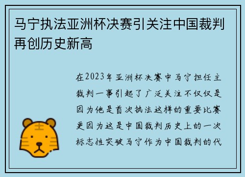 马宁执法亚洲杯决赛引关注中国裁判再创历史新高